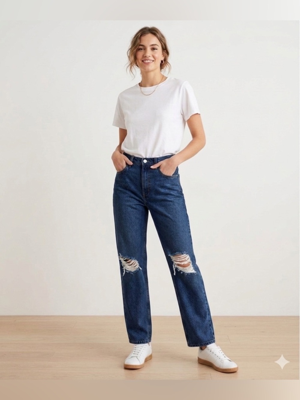 The drop Luca dark indigo Classic High-Rise Distressed Straight Jeans